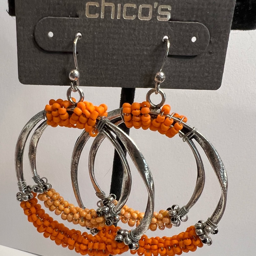 Chico's Vibrant Orange and Silver Tone Beaded Earrings